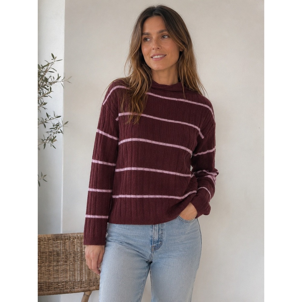 Madewell Evercrest Turtleneck Sweater 1X Burgundy Pink Stripe Ribbed Cozy‎ Plus